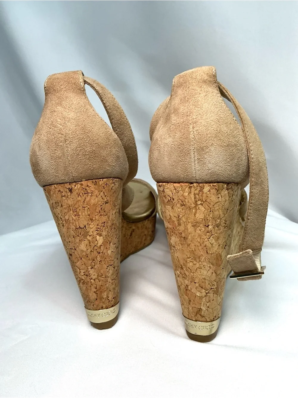 Jimmy Choo | Portia 120 Nude Suede Cork Platform Wedge Sandals EU 40